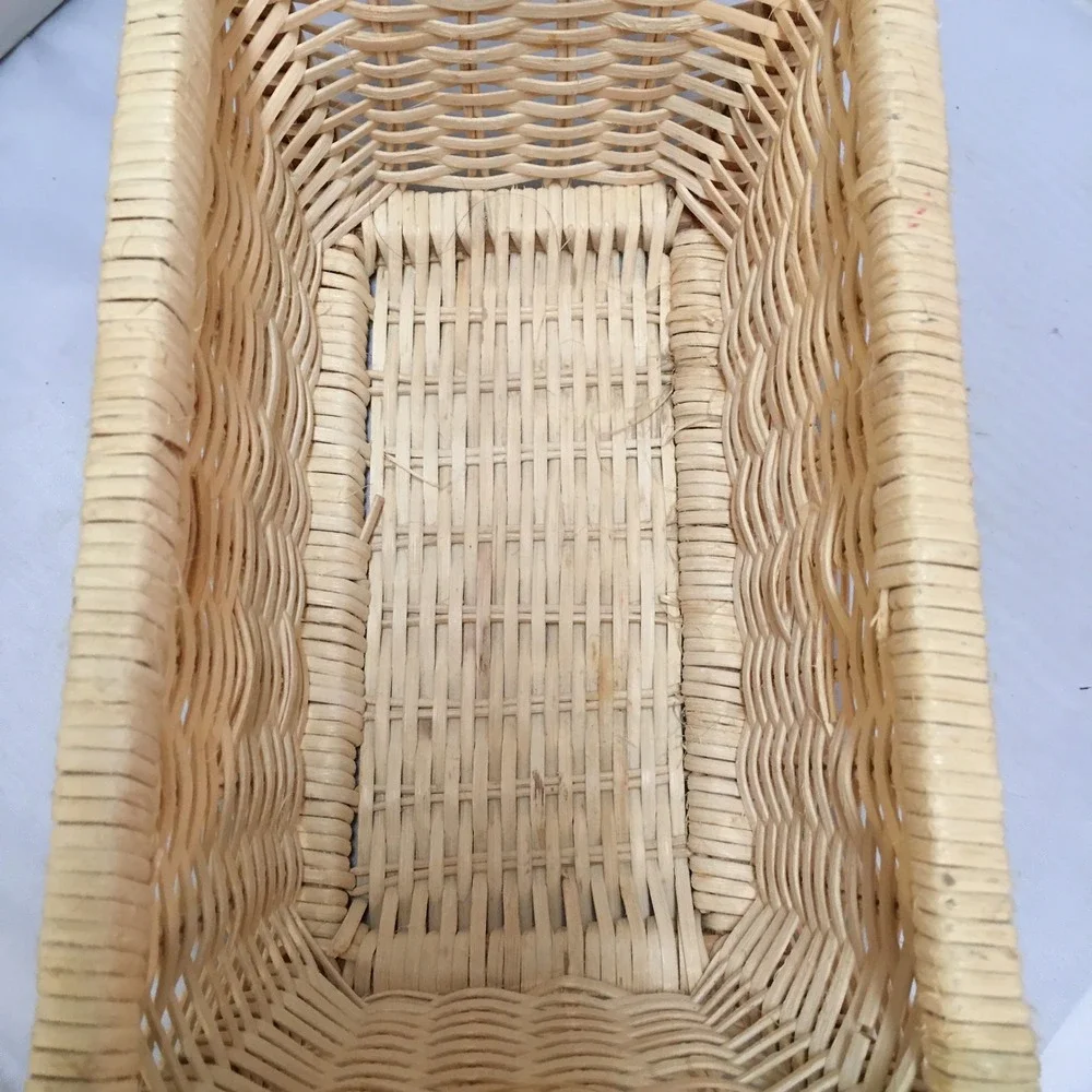 Woven Wicker Storage Basket Unisex Small Natural Tan Leather Handles Cottagecore